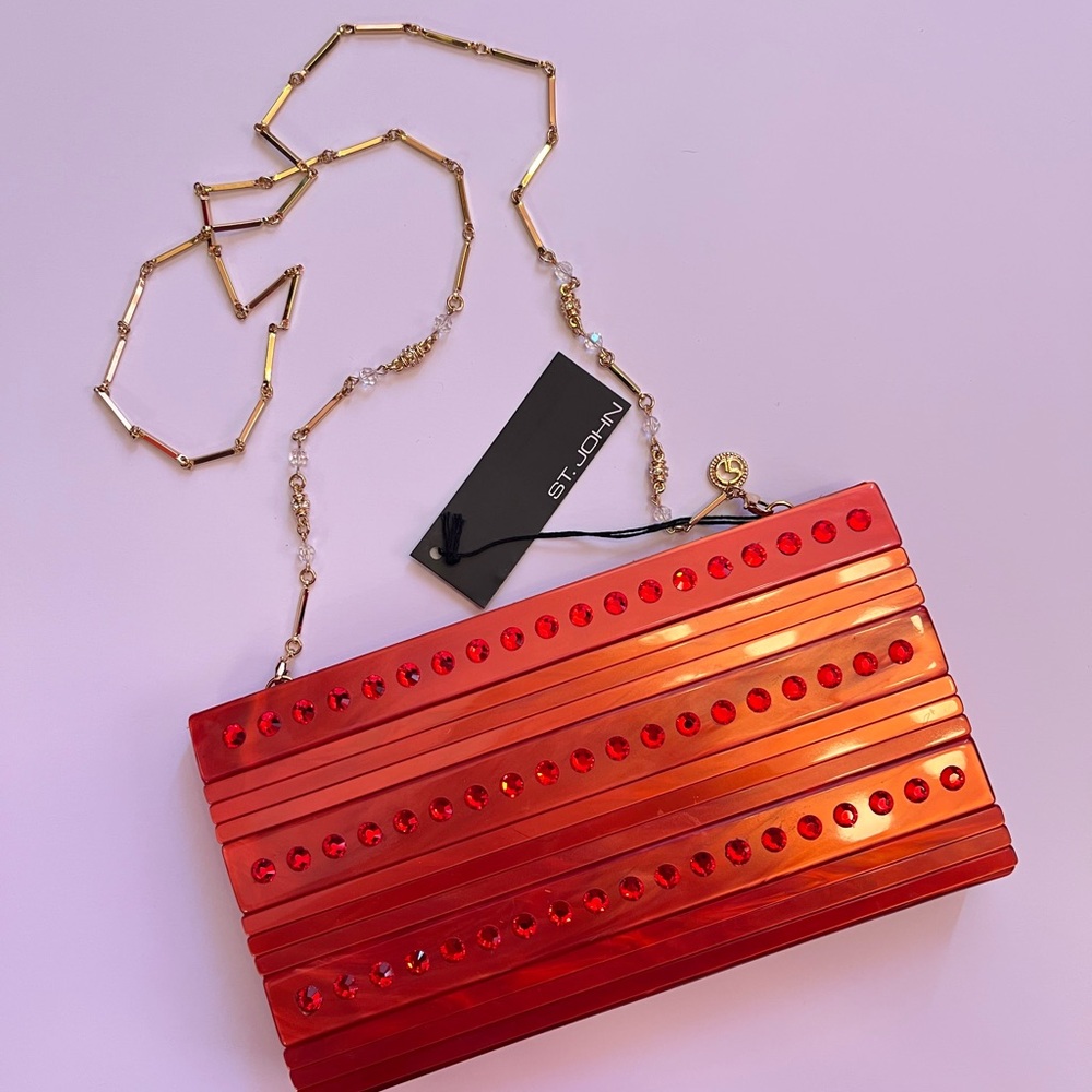 St. John Red Studded Clutch with Gold Chain Made in Italy - Picture 2 of 9